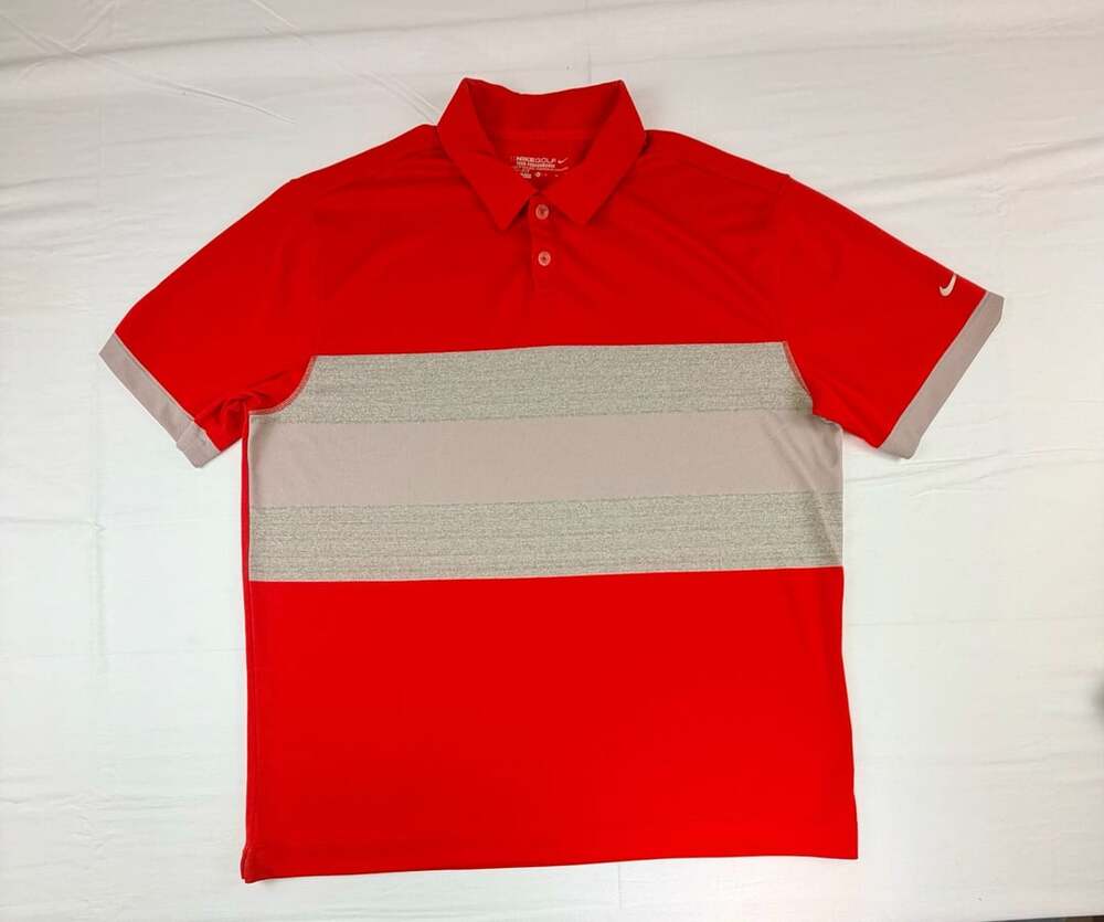 Nike Golf Tour Performance Dri-Fit Red Gray Striped Polo Shirt Men's XL